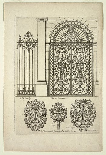 Designs for a Gate, a Railing Panel, Two Key Hole Ornaments, and a Key Top, in Nouveau Livre de Serrurie (New Book of Ironsmithing)