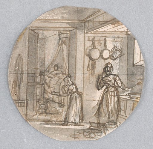 Design for a Painted Porcelain Plate, Kitchen Scene with Rear Bedroom, possibly for the Service des Objets de Dessert (Dessert Service)