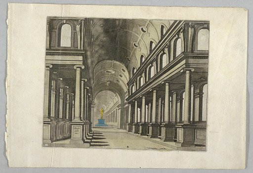 View of an Arcaded, Barrel-vaulted Gallery with a Statue on Base