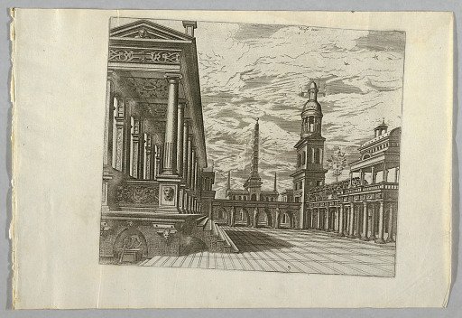 View of a Plaza with Arcades and a Garden Terrace, and Two Towers