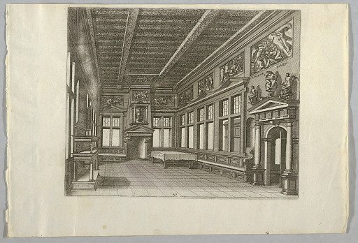 View of a Dining Hall with Flat Beamed Ceiling and Decorated with Framed Scenes