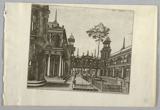 View of an Arcaded Courtyard with a Fountain and Fenced Garden Plots, and Buildings Surmounted by Towers