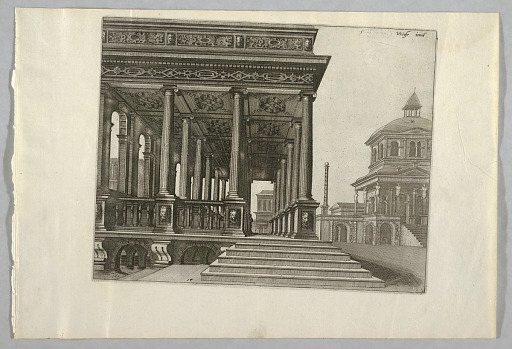 View of an Open-Columned Hall in a Plaza, with a Column and a Square Building at Right