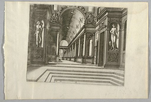 View of Steps Leading to a Colonnaded, Barrel-vaulted Hall Flanked by Statues in Niches