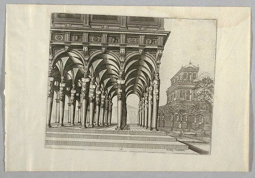 View of an Open Vaulted Hall Supported by Columns Formed of Herms, with a Vine-Covered Arbor and a Square Building at Right