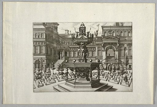 A Fountain with Monkeys Spouting Water in a Planted Palace Courtyard