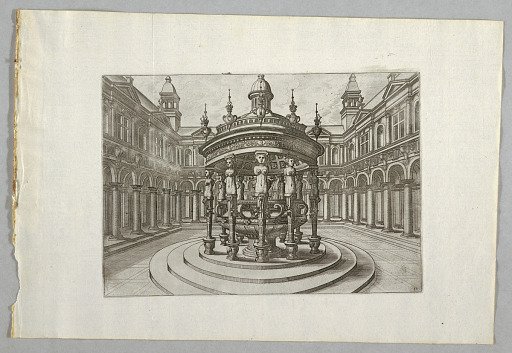 A Round Roofed Fountain with Caryatids in an Arcaded Palace Courtyard
