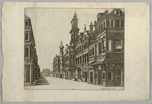 Angled View of a Street with Standing Halberdier in Arched Opening at Right