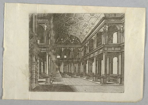 View of a City Plaza with a Rectangular Fountain at Center, and a Domed Round Building at Right