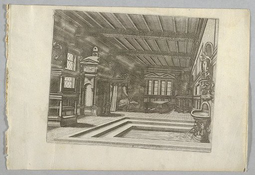 Bed Chamber with Flat Beamed Ceiling and Wall Fountain at Right