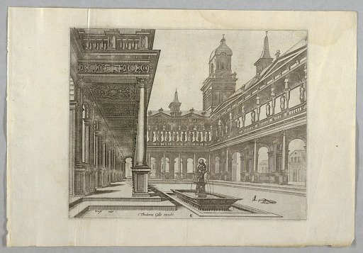 View of a Courtyard with a Colonnade and a Rectangular Fountain with a Putto