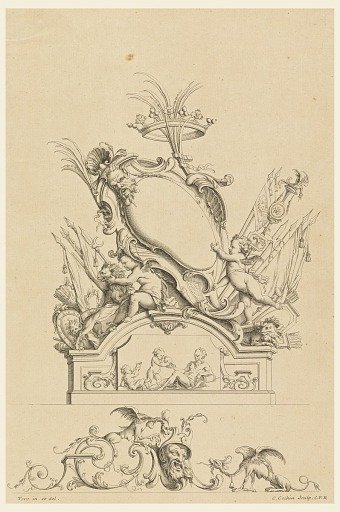 Design for Cartouche with Crown, Two Putti Serving Bacchus, and Two Lions from "Cartouches Nouvellement Inventez"