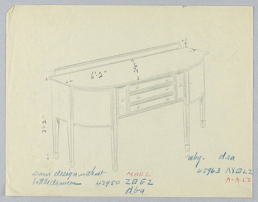 Design for Six-legged Sideboard with Rounded Corners and Five Central Drawers