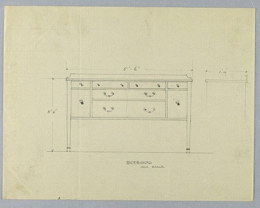 Design for Sideboard with Six Drawers in Plan and Elevation