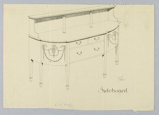 Design for Sideboard with Upper Shelf and Neo-Classical Motifs on Rounded Corners