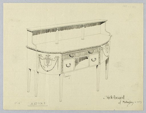 Design for Sideboard with Upper Shelf and Decorative Carved Stripes