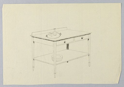 Design for Serving Table with Tray and Stack of Plates Atop