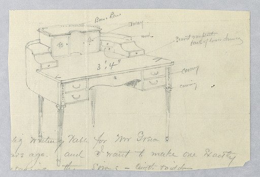 Design for Writing Table with Top Cabinet and Ionic Capitals Atop Legs