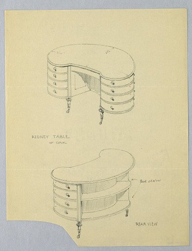 Design for Kidney-Shaped Writing Table with Book Shelves at Back