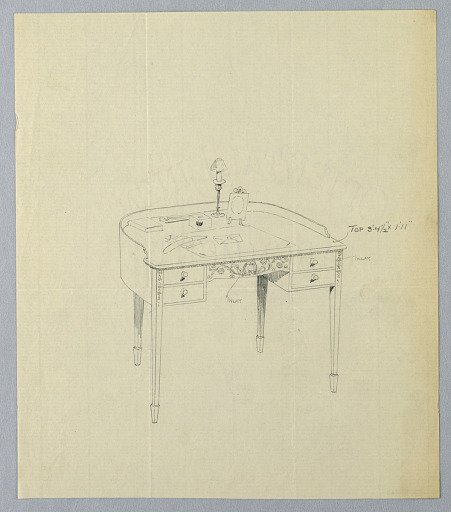 Design for Semi-Circular Writing Table with Ornate Carved Panel Center Front