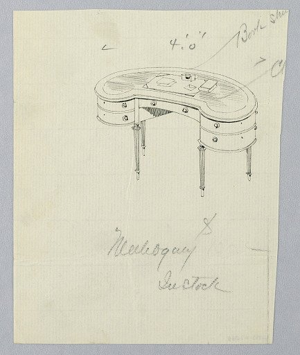 Design for Kidney-Shaped Writing Table with Five Drawers in Mahogany