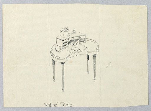 Design for Kidney-Shaped Writing Table with Vase of Flowers and Bust