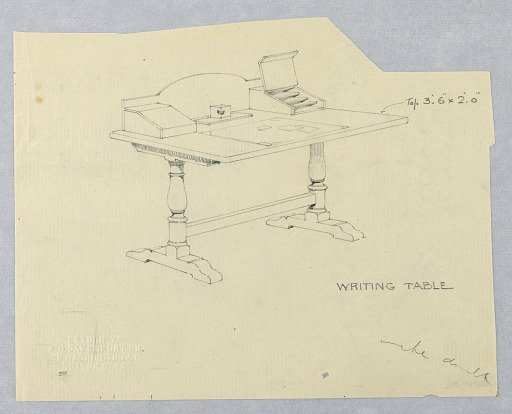 Design for Rectangular Writing Table with Bracket-Shaped Legs and Open Cubbyhole