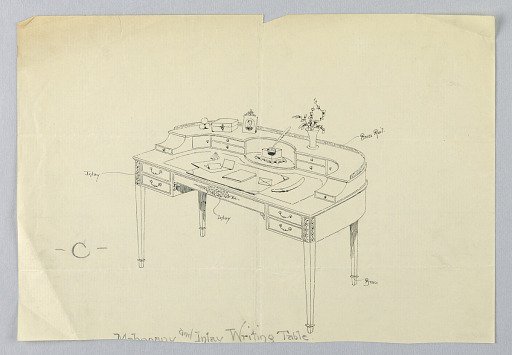 Design for Semi-Circular Writing Table "C" with Brass Feet and Brass Railing