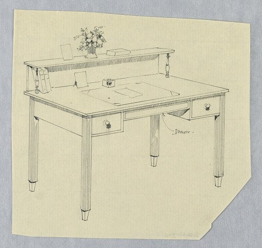 Design for Rectangular Writing Table with Straight, Square, Fluted Legs and Three Drawers