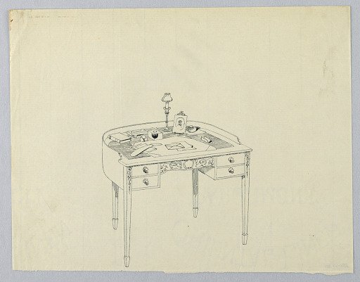 Design for Semi-Circular Writing Table with Four Drawers and Small Lamp Atop