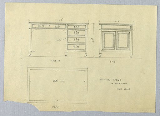 Design for Rectangular Writing Table on Casters in Three Views