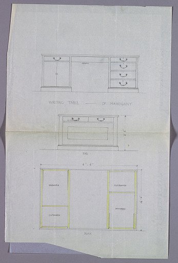Design for Writing Table with Double-Door Cupboard at Left, in Three Views