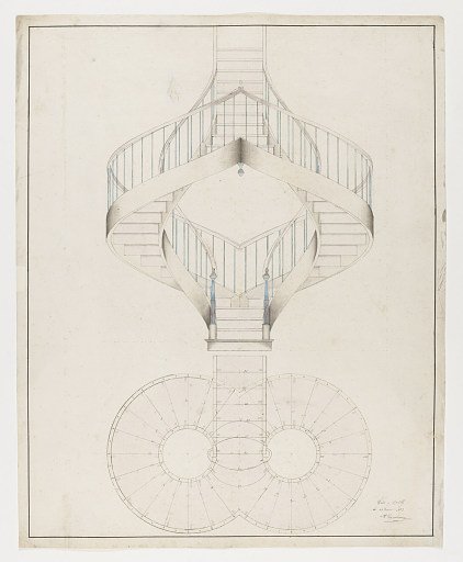 Perspective Elevation and Plan View of a Double Spiral Staircase