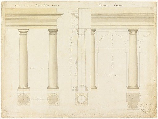 Elevation of Section of a Wall with Columns and Arch at Right
