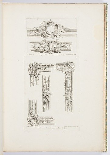 Developement de bordure pour la chasse du Roy, Quatre détails..., 7th Plate [Four Details of the Frame for the Hunting picture for the King], pl. 39 in Oeuvre de Juste-Aurele Meissonnier