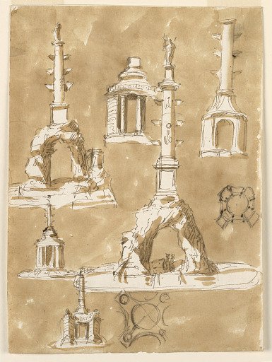 Designs for Fountains; Verso: Blotter of a Black Crayon Drawing, the Lower Part of the Project for the Elevation of a Pavilion