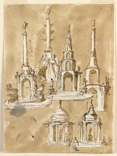Designs for Fountains; Verso: Blotter for a Black Crayon Drawing, Upper Part of a Design for a Pavilion Elevation