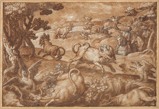 Men Hunting Bulls with Eagles