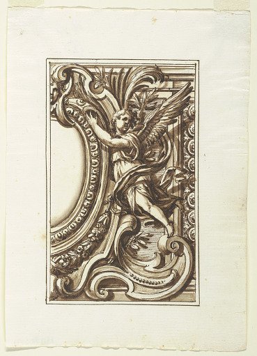 One of a set of twelve projects for the decoration of wall panels, to be placed at a height. Preceded by a title page (Wall Decoration: Angel and Escutcheon)