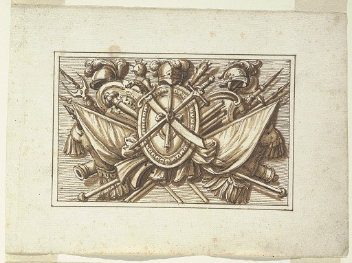 One set of trophies of weapons of war as a decoration for horizontal panels. Intended to be engraved