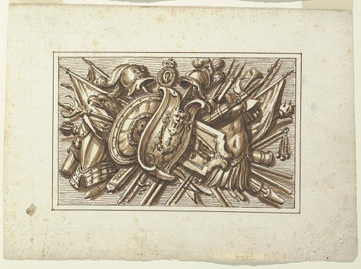 One set of trophies of weapons of war as a decoration for horizontal panels. Intended to be engraved