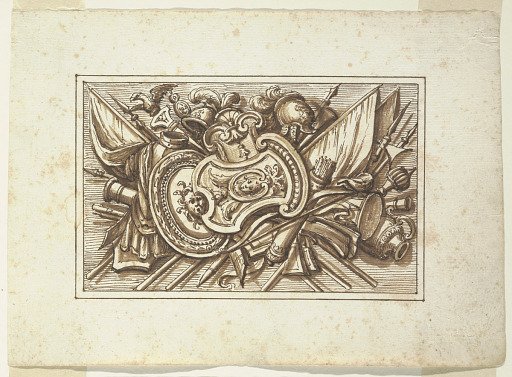 One set of trophies of weapons of war as a decoration for horizontal panels. Intended to be engraved