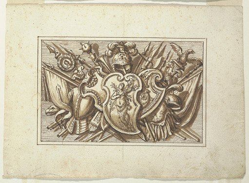 One of a set of trophies of weapons of war as a decoration of a horizontal panel.