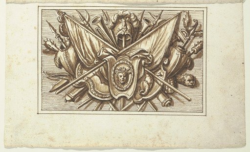 One of a set of trophies of weapons of war as a decoration for a horizontal panel