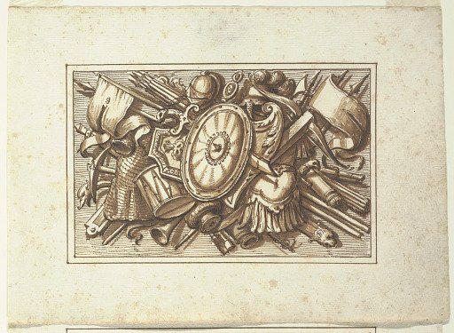 One of a set of trophies of weapons of war as a decoration of a horizontal panel