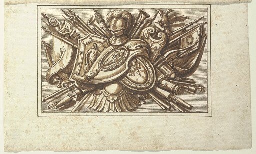 One of a set of trophies of weapons of war as a decoration of a horizontal panel