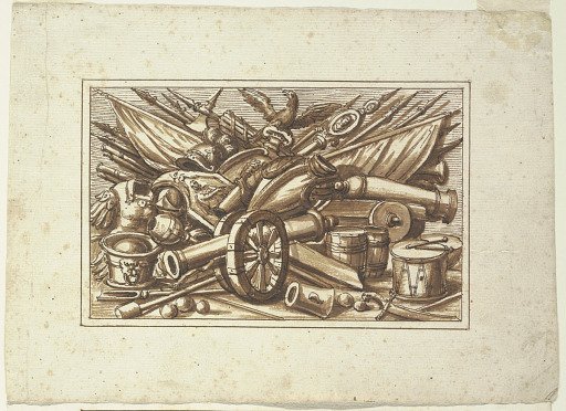 One of a set of trophies of weapons of war as a decoration of a horizontal panel