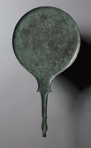 Mirror with Engraved Scene: Man Threatening Child (Telephos and Orestes?)