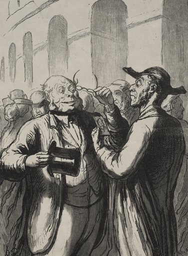 At the Universal Exhibition: Security check at the entrance: the bald need to lift their hats, and the short-sighted need to remove their glasses.