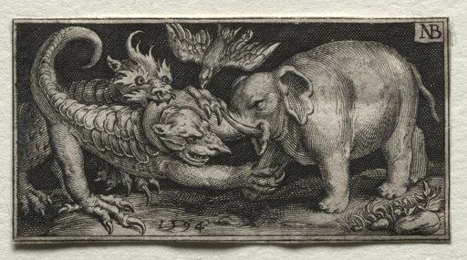 Elephant Fighting two Beasts